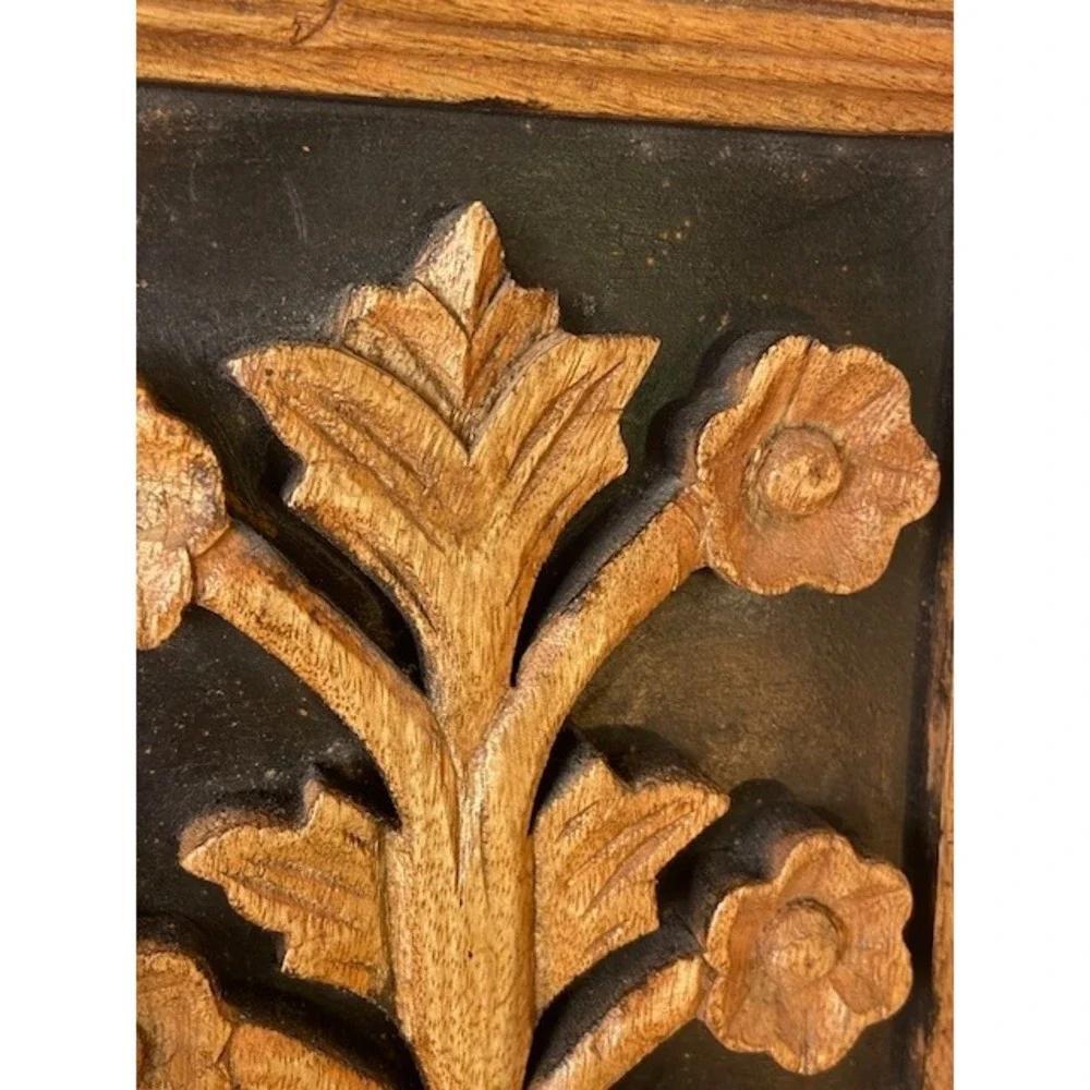 Vintage Teak Tree Carved Floral Wood Wall Art MCM Brown Black Plaque Relief 10x7